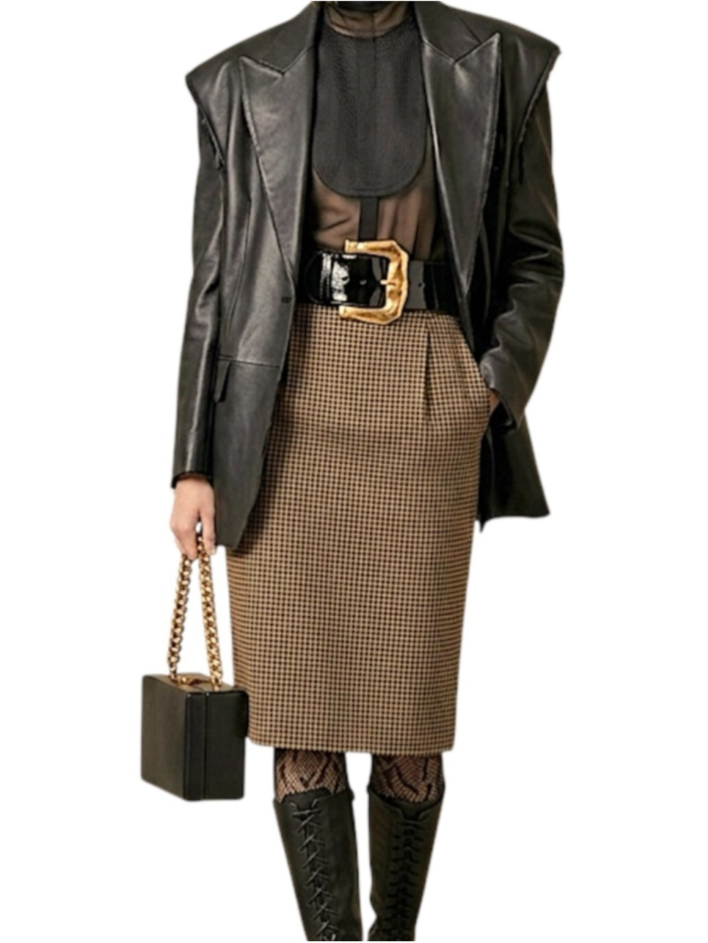 VTG 80s Aquascutum pure wool black brown houndstooth old money straight skirt 10